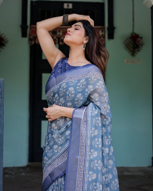 Blue Floral Linen Cotton Saree with Woven Border & Printed Blouse