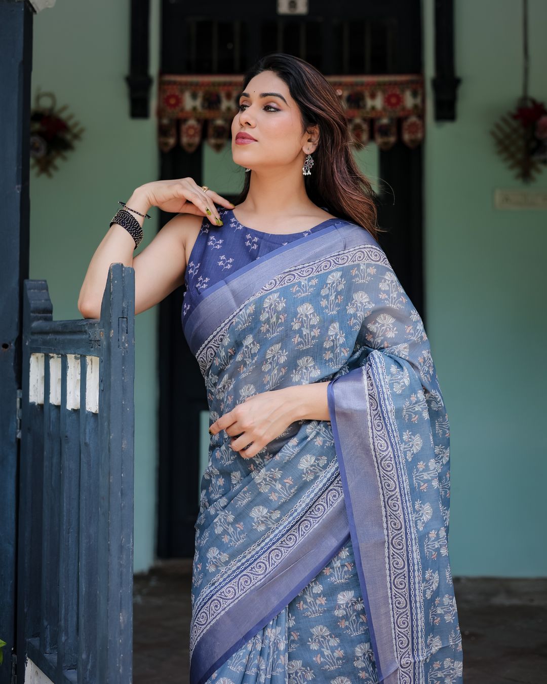 Blue Floral Linen Cotton Saree with Woven Border & Printed Blouse