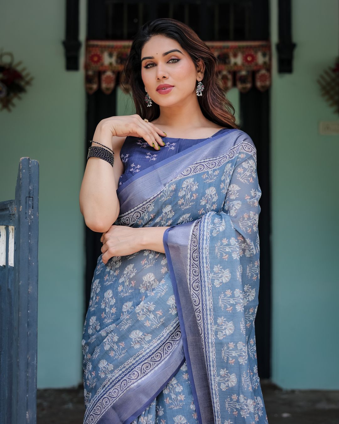 Blue Floral Linen Cotton Saree with Woven Border & Printed Blouse