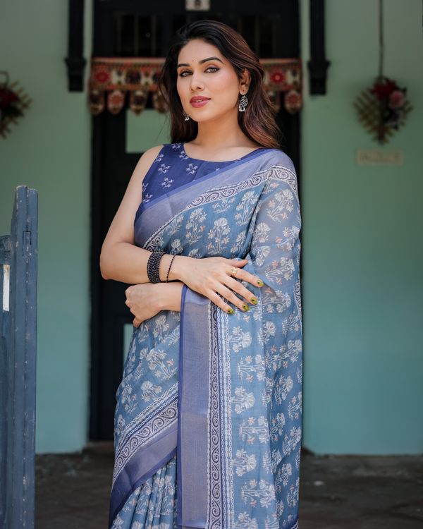 Blue Floral Linen Cotton Saree with Woven Border & Printed Blouse