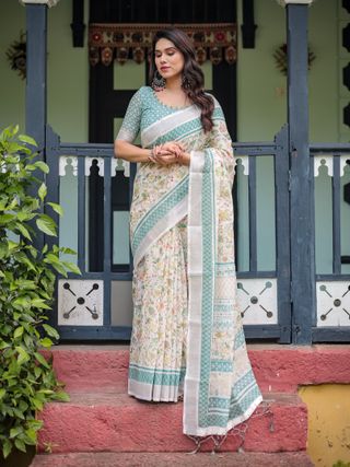 Ivory Floral Linen Cotton Saree With Teal Border Design