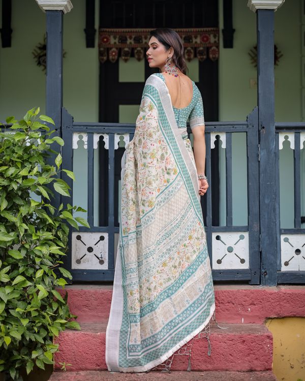 Ivory Floral Linen Cotton Saree With Teal Border Design