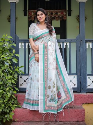 Ivory Floral Linen Cotton Saree With Teal Border Design
