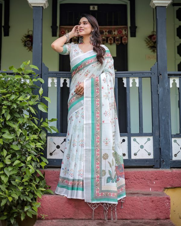Ivory Floral Linen Cotton Saree With Teal Border Design