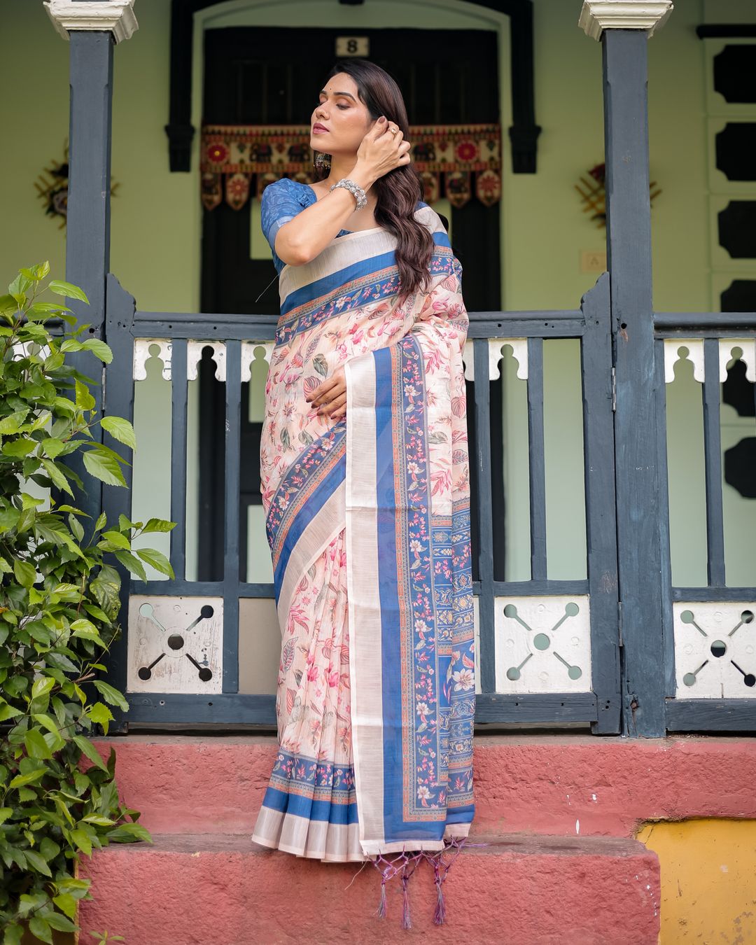 Pink Floral Linen Cotton Saree With Blue Printed Border