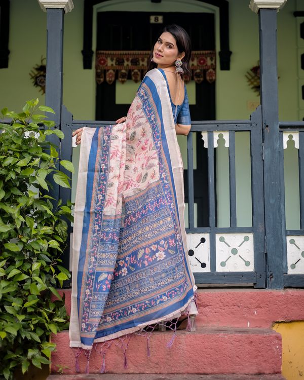 Pink Floral Linen Cotton Saree With Blue Printed Border