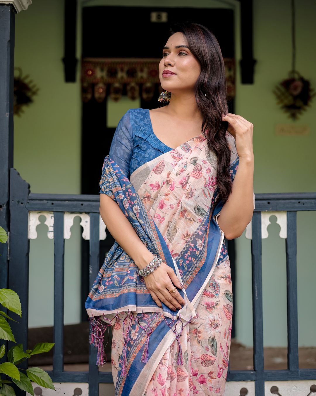 Pink Floral Linen Cotton Saree With Blue Printed Border