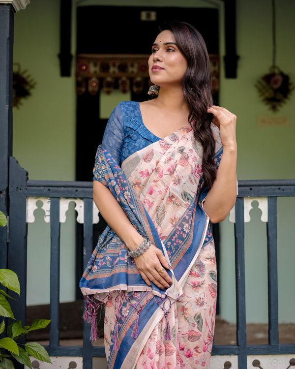 Pink Floral Linen Cotton Saree With Blue Printed Border