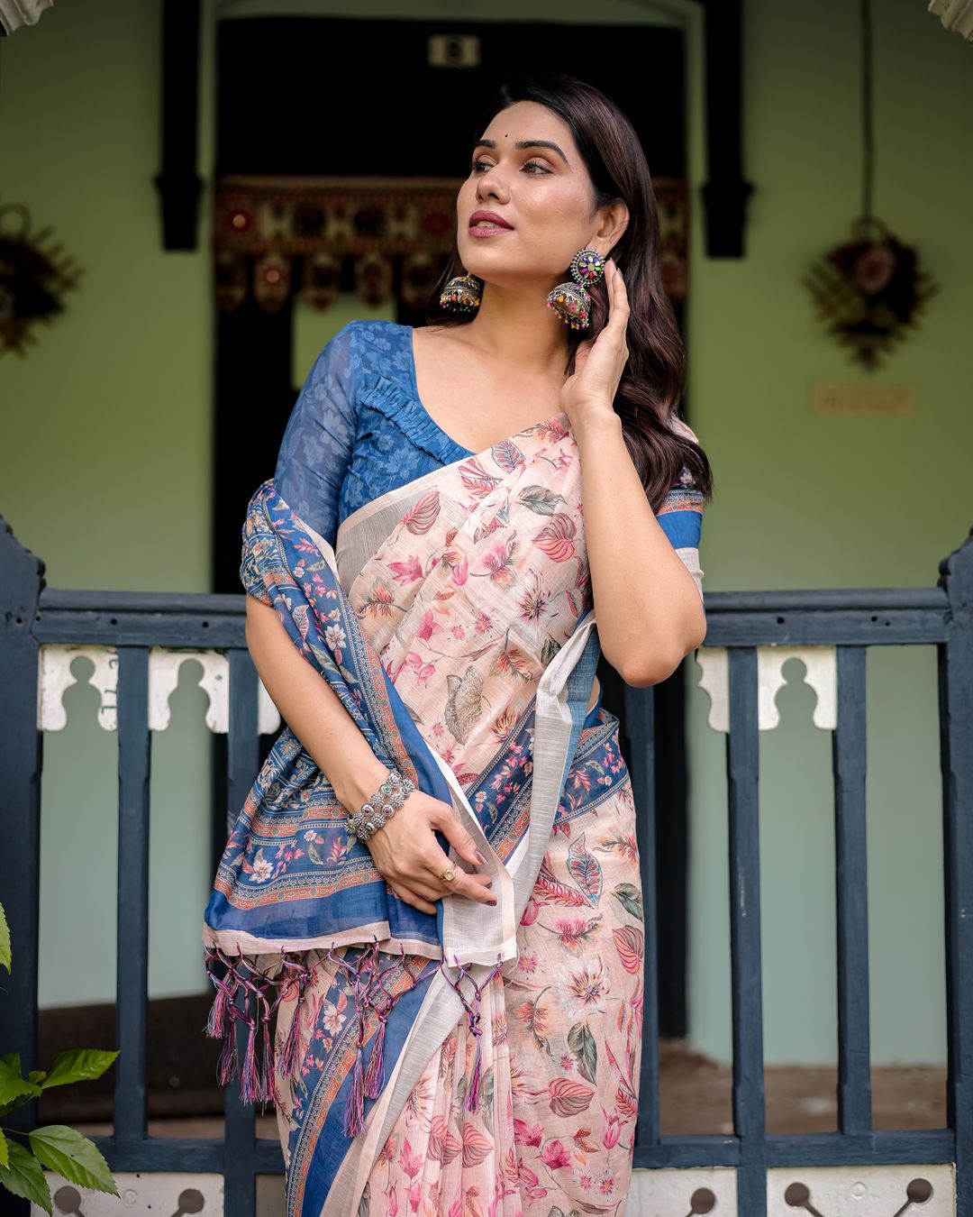 Pink Floral Linen Cotton Saree With Blue Printed Border
