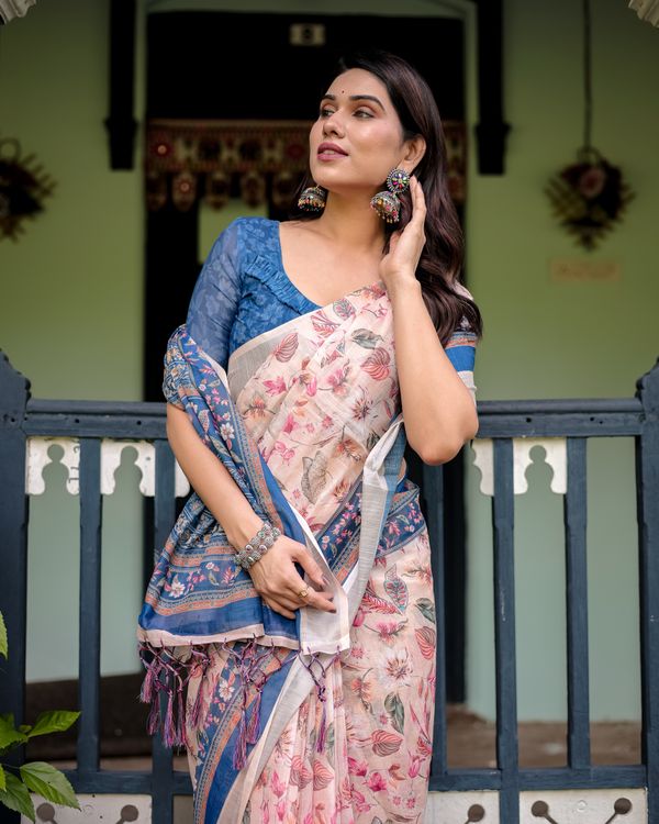 Pink Floral Linen Cotton Saree With Blue Printed Border