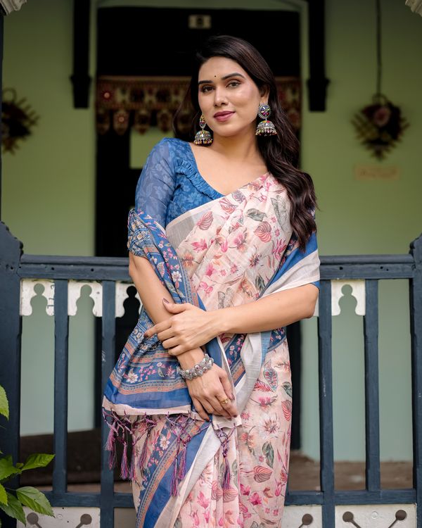 Pink Floral Linen Cotton Saree With Blue Printed Border