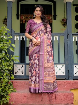 Plum Floral Linen Cotton Saree with Printed Border Chic