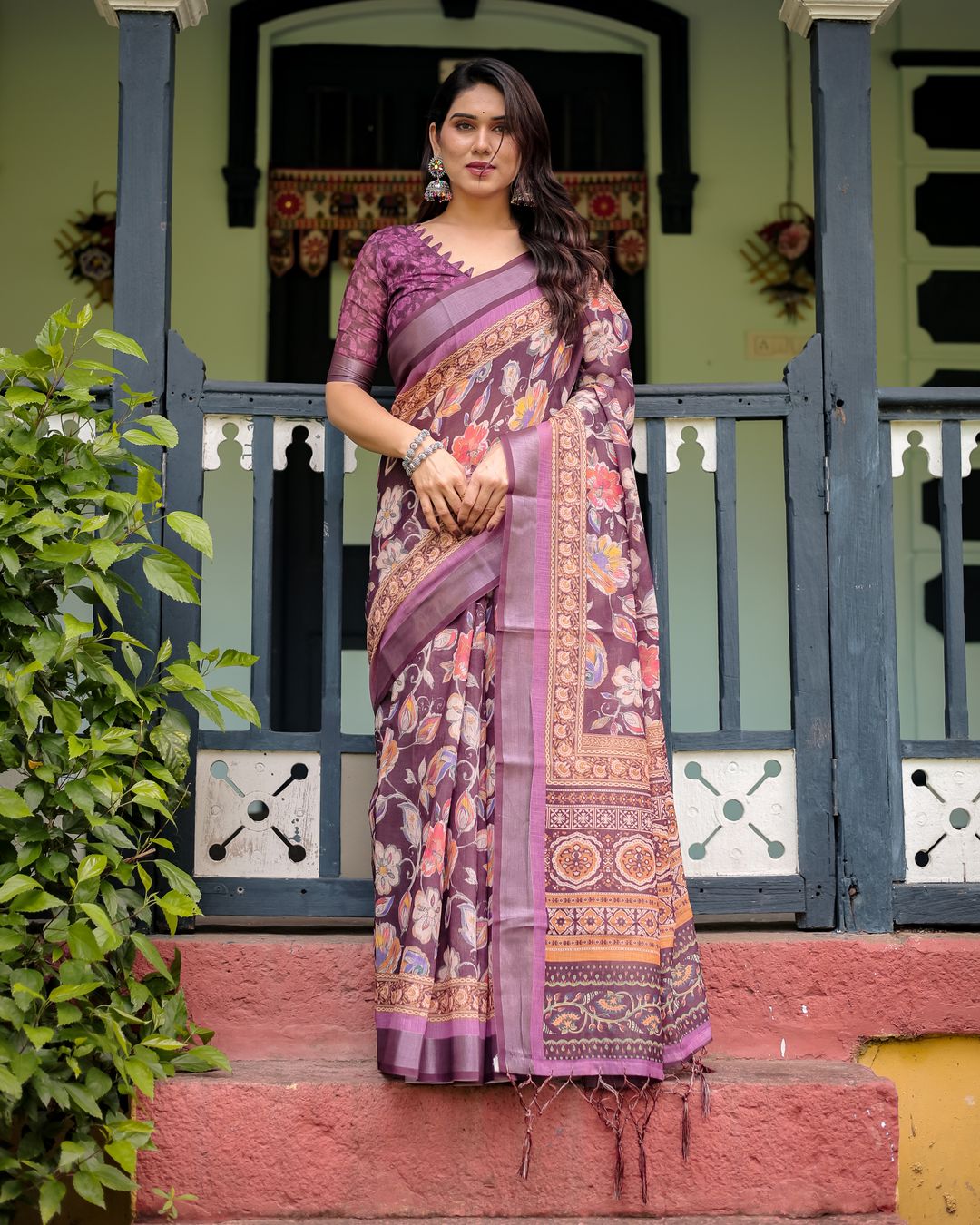 Plum Floral Linen Cotton Saree with Printed Border Chic