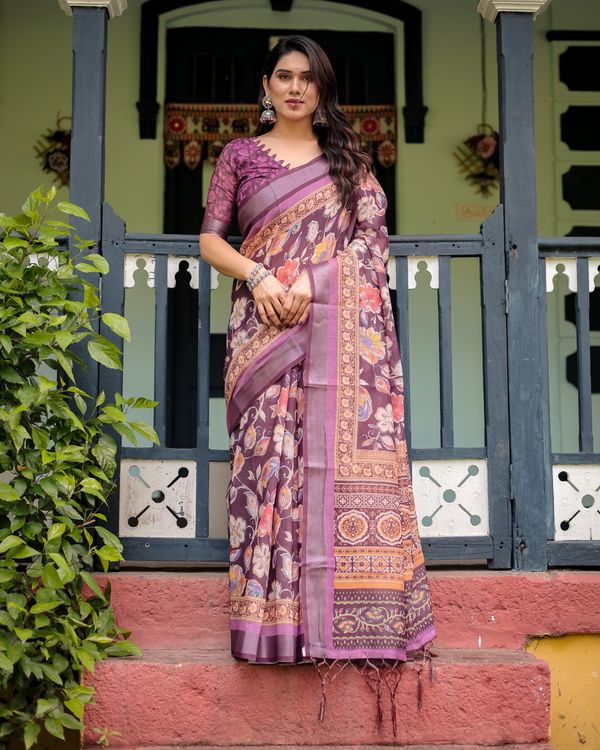 Plum Floral Linen Cotton Saree with Printed Border Chic
