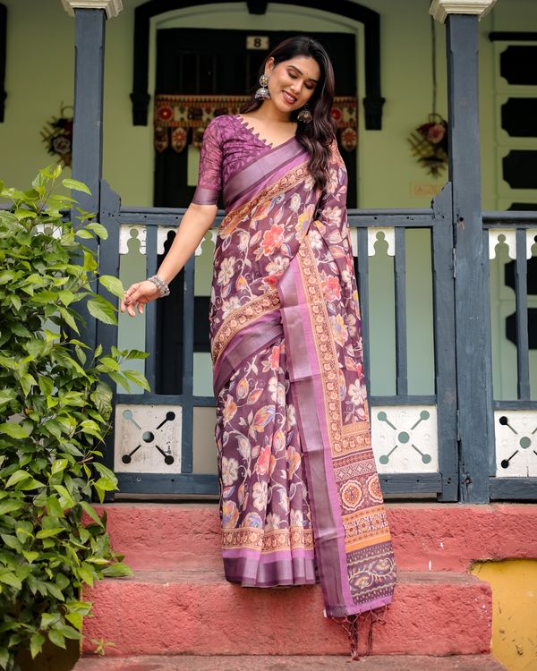 Plum Floral Linen Cotton Saree with Printed Border Chic