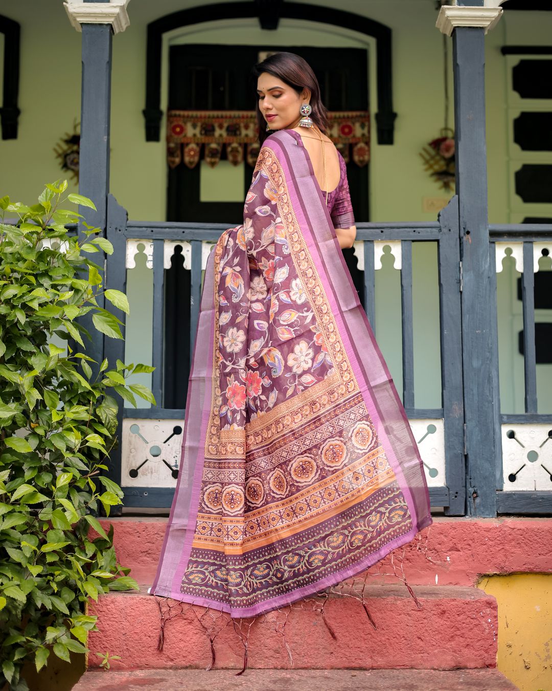 Plum Floral Linen Cotton Saree with Printed Border Chic