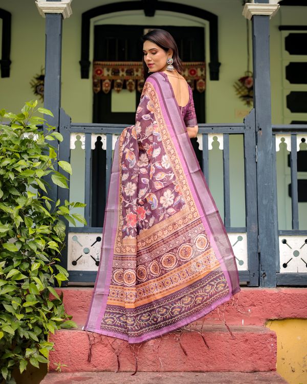 Plum Floral Linen Cotton Saree with Printed Border Chic