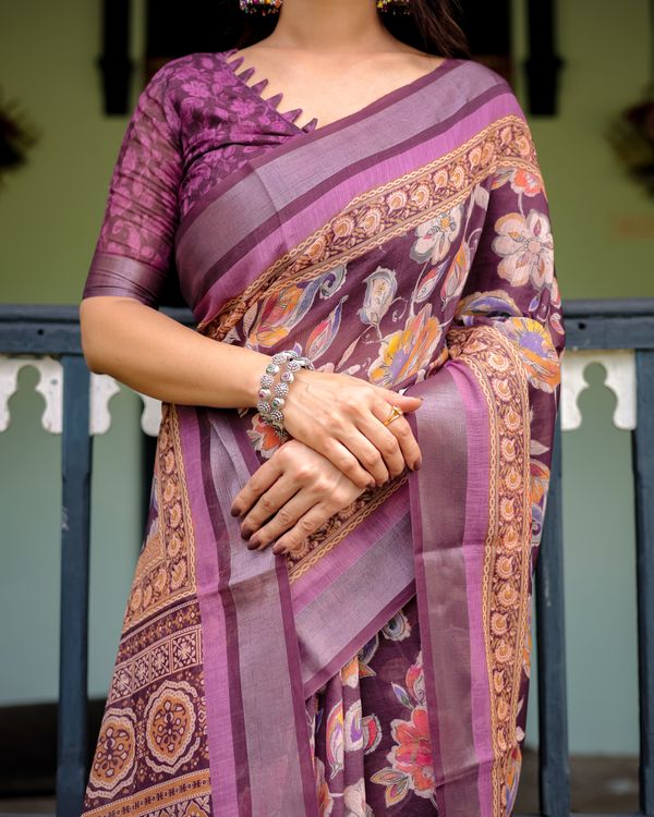 Plum Floral Linen Cotton Saree with Printed Border Chic