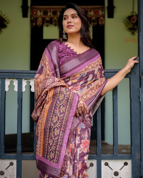 Plum Floral Linen Cotton Saree with Printed Border Chic