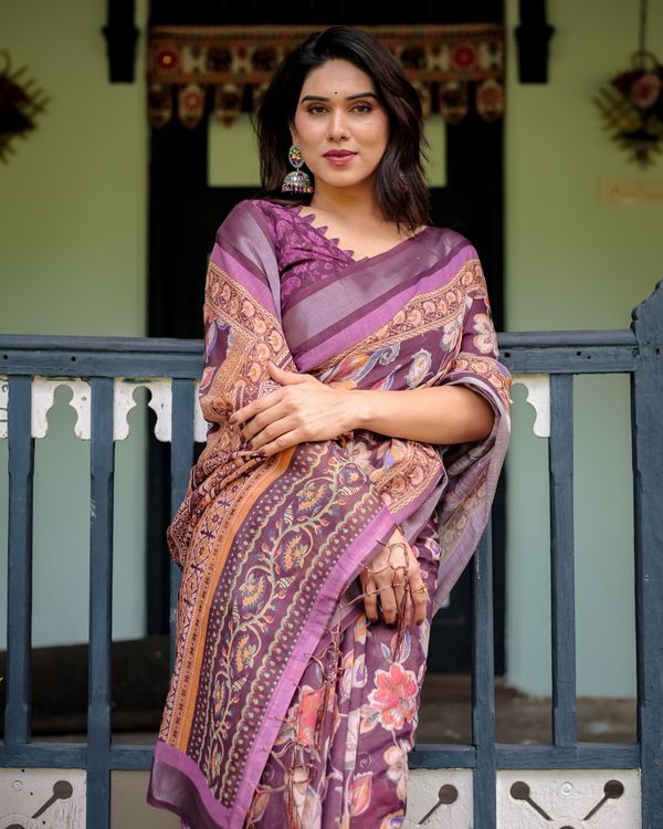 Plum Floral Linen Cotton Saree with Printed Border Chic