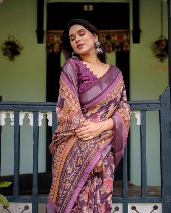 Plum Floral Linen Cotton Saree with Printed Border Chic