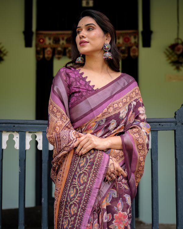 Plum Floral Linen Cotton Saree with Printed Border Chic