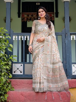 Taupe Floral Linen Cotton Saree with Printed Border Designs