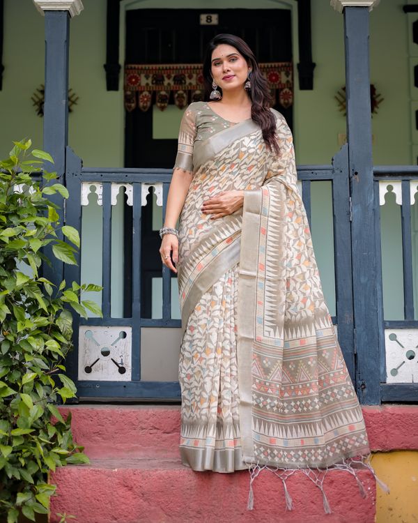 Taupe Floral Linen Cotton Saree with Printed Border Designs