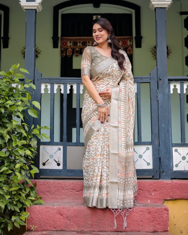 Taupe Floral Linen Cotton Saree with Printed Border Designs