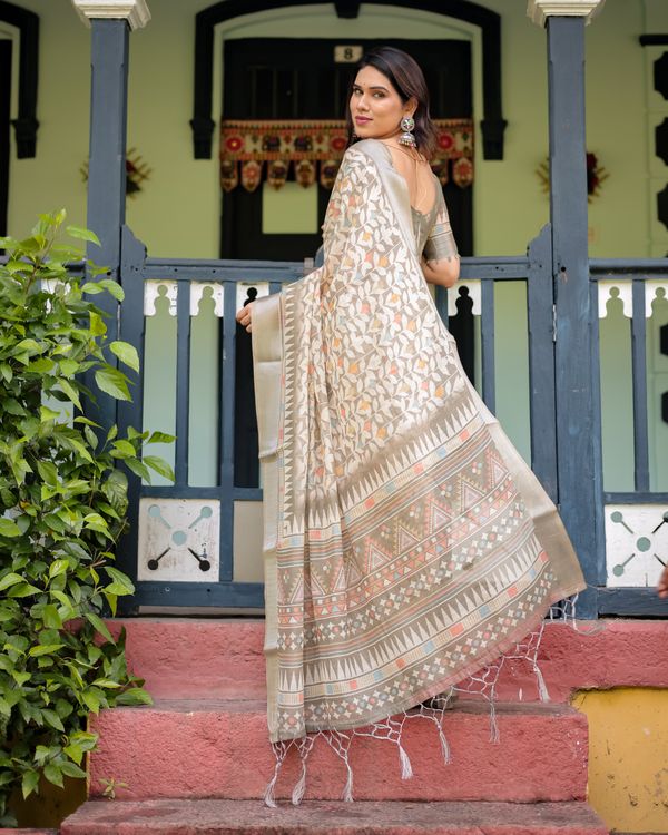 Taupe Floral Linen Cotton Saree with Printed Border Designs