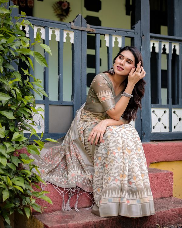 Taupe Floral Linen Cotton Saree with Printed Border Designs