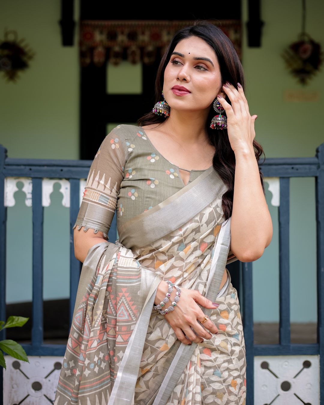 Taupe Floral Linen Cotton Saree with Printed Border Designs