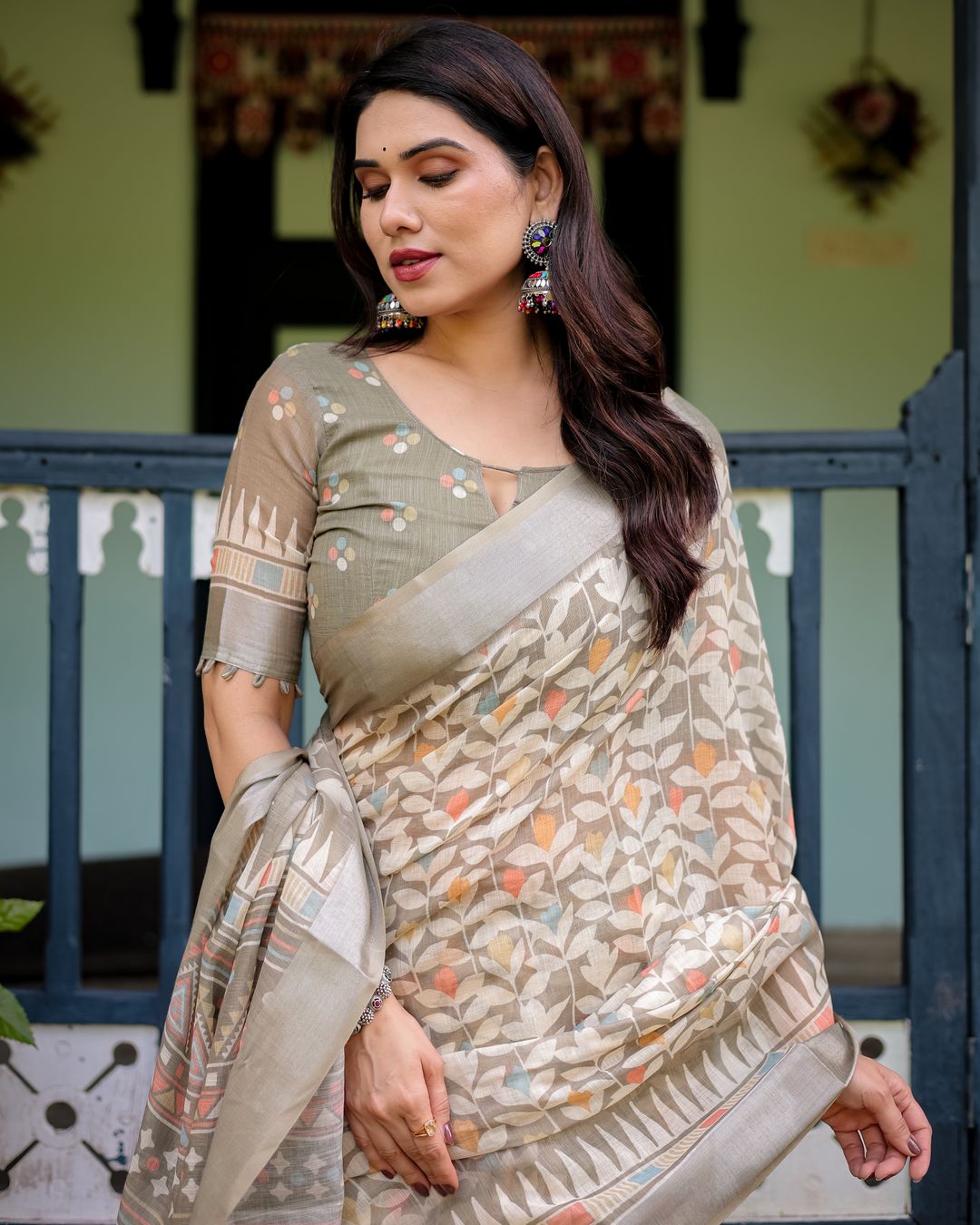 Taupe Floral Linen Cotton Saree with Printed Border Designs