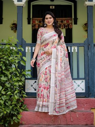 Cream Floral Linen Cotton Saree with Printed Pallu Look