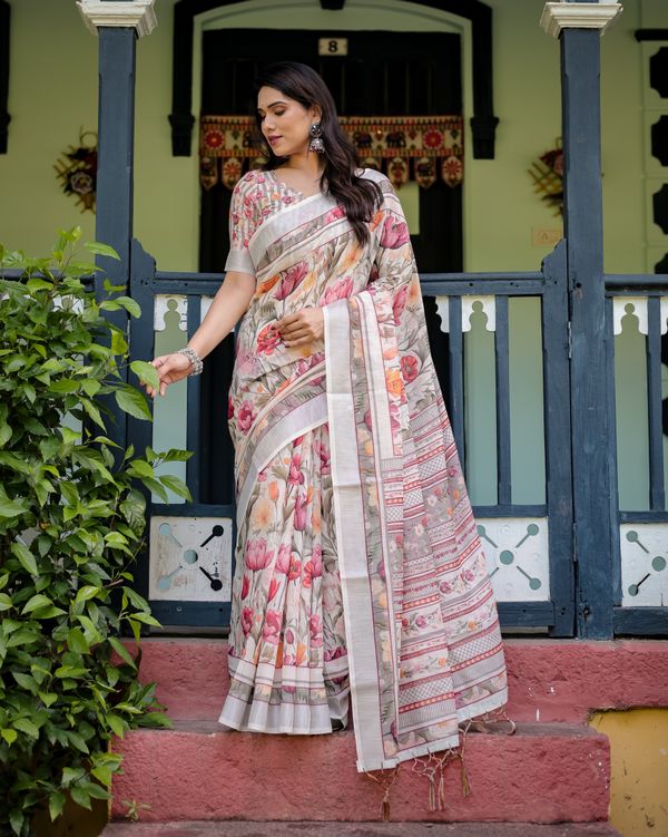 Cream Floral Linen Cotton Saree with Printed Pallu Look