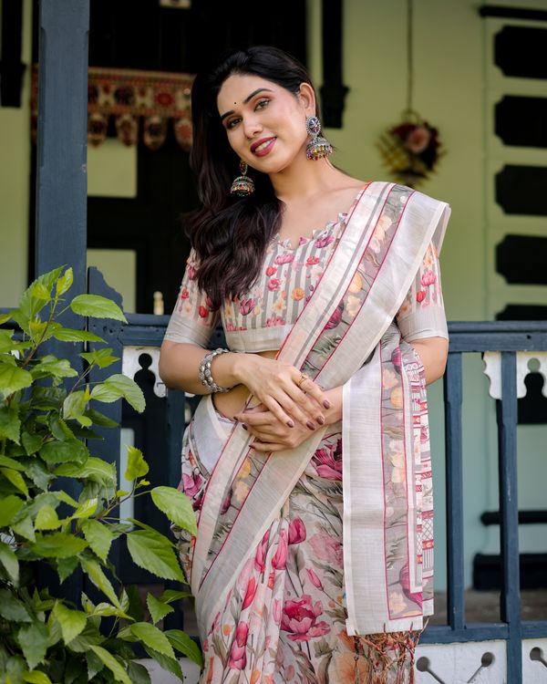 Cream Floral Linen Cotton Saree with Printed Pallu Look