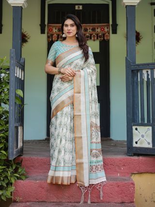 Ivory Linen Cotton Saree with Teal Floral Motifs