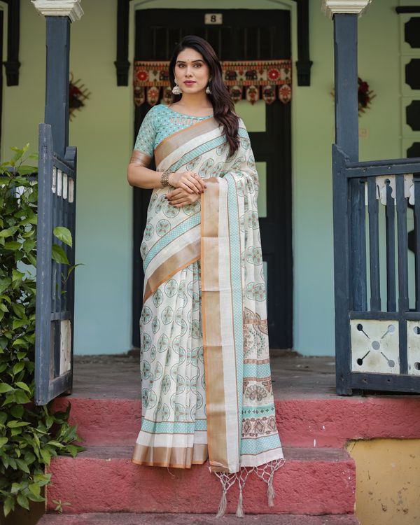 Ivory Linen Cotton Saree with Teal Floral Motifs