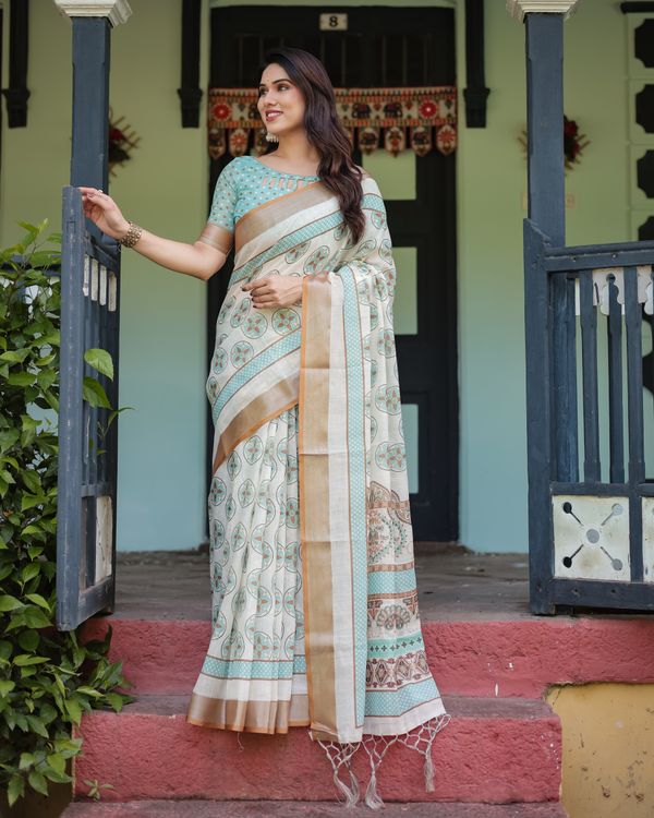 Ivory Linen Cotton Saree with Teal Floral Motifs