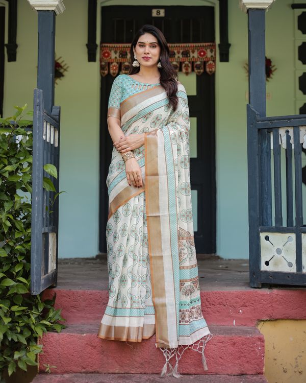 Ivory Linen Cotton Saree with Teal Floral Motifs