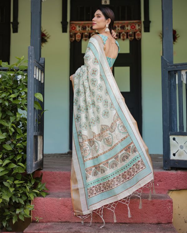 Ivory Linen Cotton Saree with Teal Floral Motifs