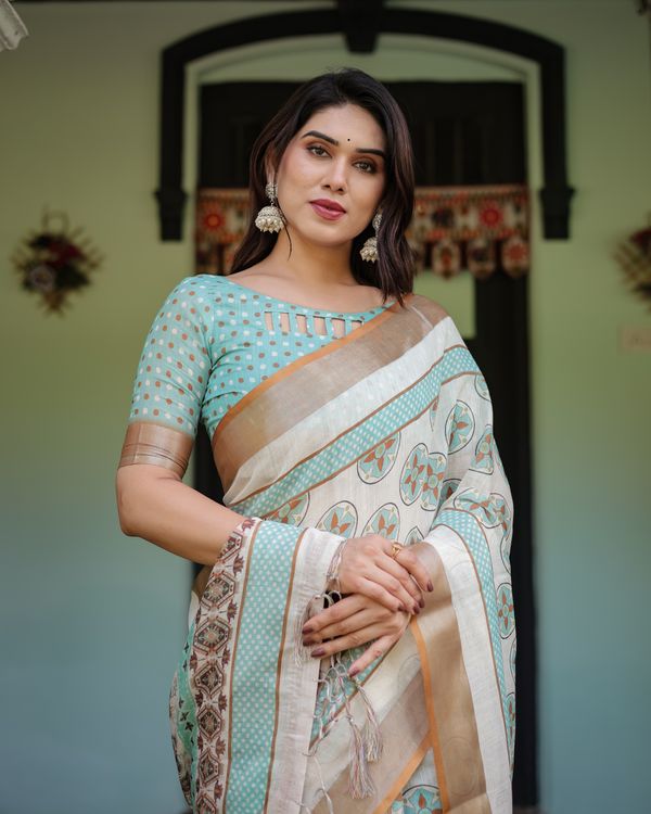 Ivory Linen Cotton Saree with Teal Floral Motifs
