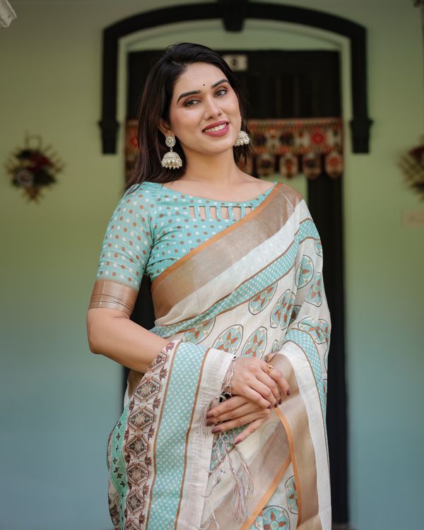 Ivory Linen Cotton Saree with Teal Floral Motifs