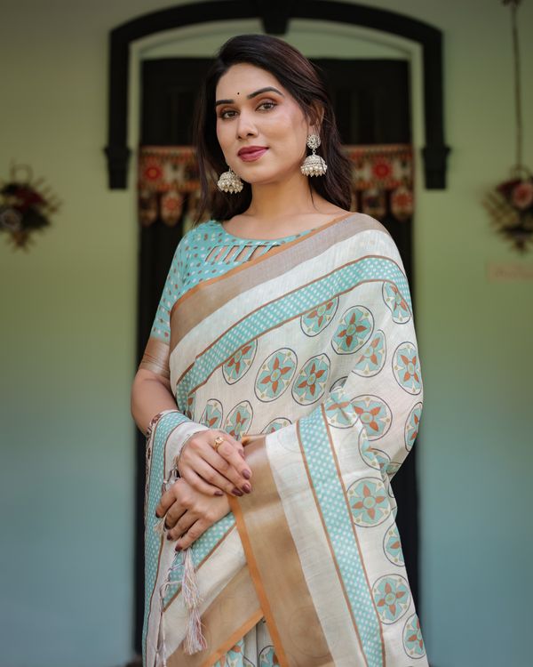 Ivory Linen Cotton Saree with Teal Floral Motifs