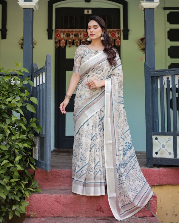 Ivory Linen Cotton Saree with Blue Paisley Print Online