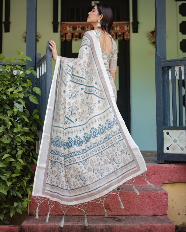 Ivory Linen Cotton Saree with Blue Paisley Print Online