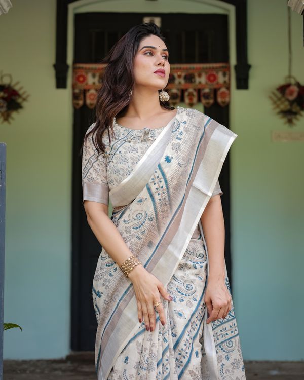 Ivory Linen Cotton Saree with Blue Paisley Print Online