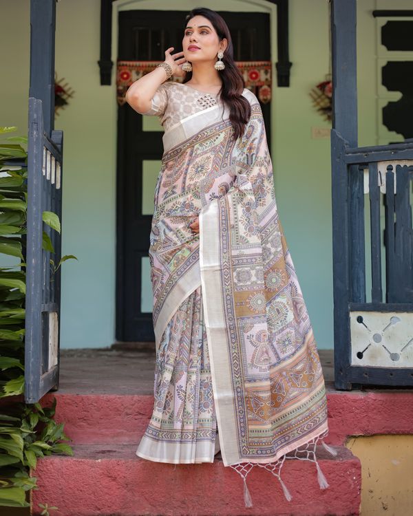 Ivory Linen Cotton Saree with Multicolor Heritage Print