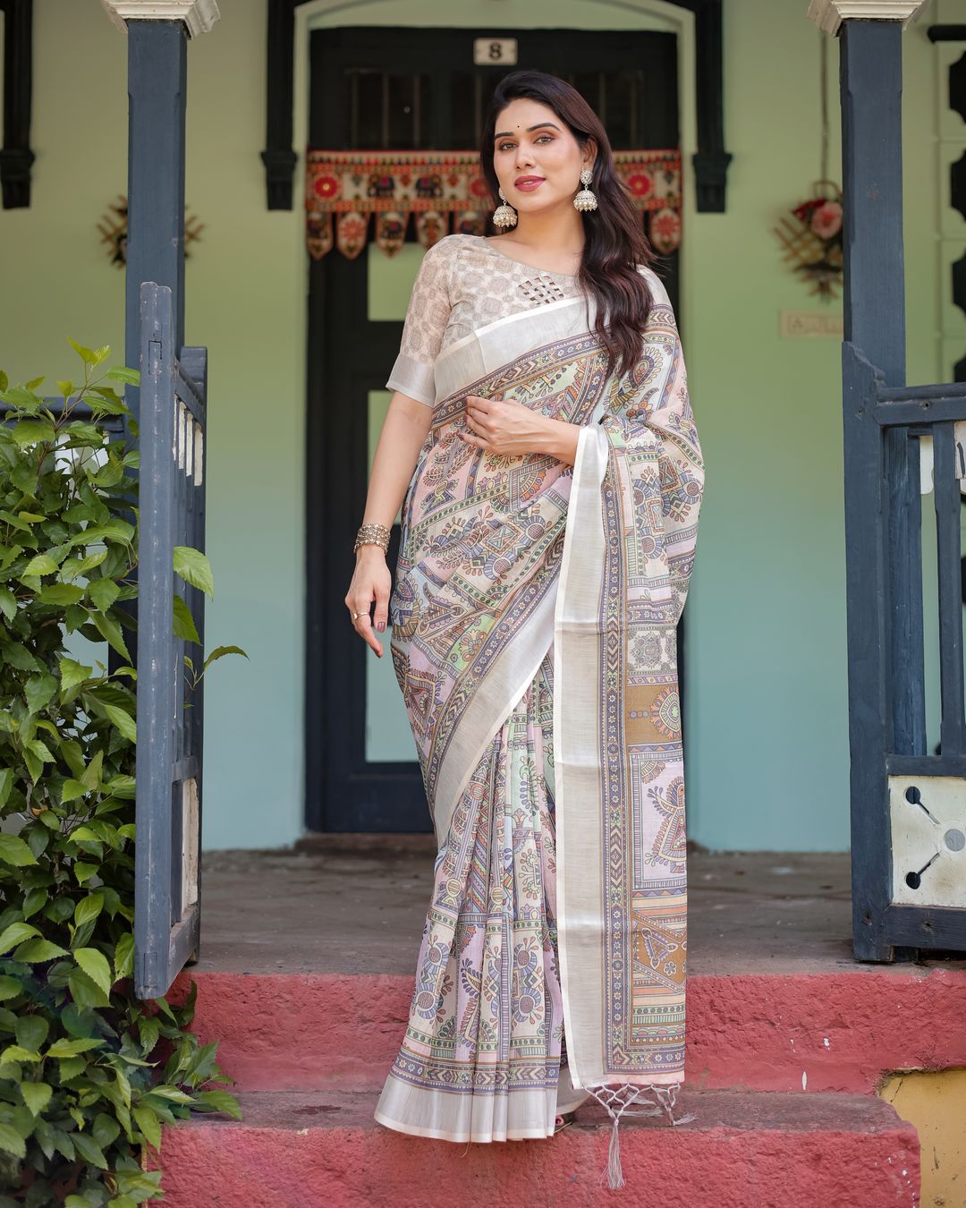 Ivory Linen Cotton Saree with Multicolor Heritage Print