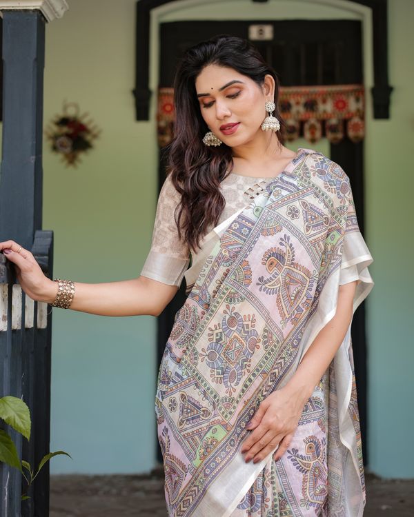 Ivory Linen Cotton Saree with Multicolor Heritage Print